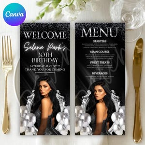 May include: A black and silver birthday party menu and welcome card. The welcome card reads "Welcome Selena Park's 30th Birthday Saturday August 22 Thank You For Coming". The menu lists starters, main course, sweet treats, and beverages.
