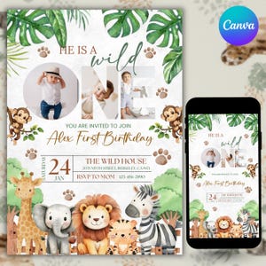 Puede incluir: Invitación digital para una fiesta de primer cumpleaños con temática de jungla. El diseño presenta un collage de fotos, ilustraciones de animales y el texto "He is a wild ONE". La invitación incluye detalles de la fiesta.