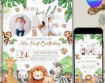 Invitación de safari de cumpleaños de Wild One, descarga digital editable, invitación de primer cumpleaños de animales de la selva con foto imprimible, invitación de texto, bricolaje