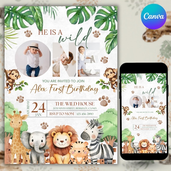 Wild One Birthday Safari Invitation, Editable Digital Download, Jungle Animals 1st Birthday Invite With Photo Printable, Text Invite, DIY
