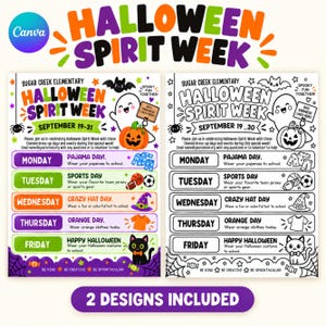 May include: Two printable Halloween Spirit Week flyers for Sugar Creek Elementary, one in full color and one in black and white. Both feature a schedule from Monday to Friday with themed dress-up days, ghost, pumpkin, and cat illustrations.
