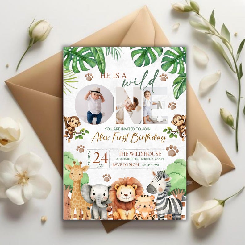 Wild One Birthday Safari Invitation, Editable Digital Download, Jungle Animals 1st Birthday Invite With Photo Printable, Text Invite, DIY