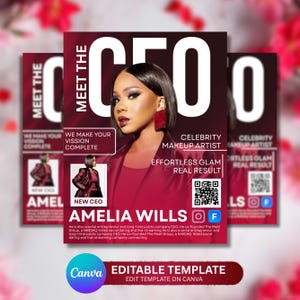May include: A promotional flyer featuring a woman with makeup, the text "Meet the CEO," and the name "Amelia Wills." The flyer includes the phrases "Effortless Glam, Real Result" and "Editable Template" with a Canva logo. The color scheme is primarily burgundy and white.
