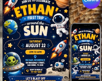 Invitación para fiesta de cumpleaños espacial, invitación de cumpleaños galáctica, temática de astronauta, invitación para fiesta de planetas y cohetes, plantilla editable de Canva