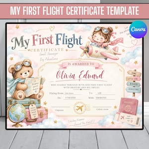 Pode incluir: Um modelo de certificado My First Flight com um urso de peluche com óculos de aviador, uma criança num pequeno avião, um globo, malas e um passaporte. O texto inclui My First Flight, Olivia Edward e detalhes de voo CDG Paris para LIX.