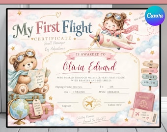 My First Flight Certificate Baby Girl, Printable Travel Milestone, First Flight Certificate for Kids, First Trip Baby Gift Keepsake, Canva