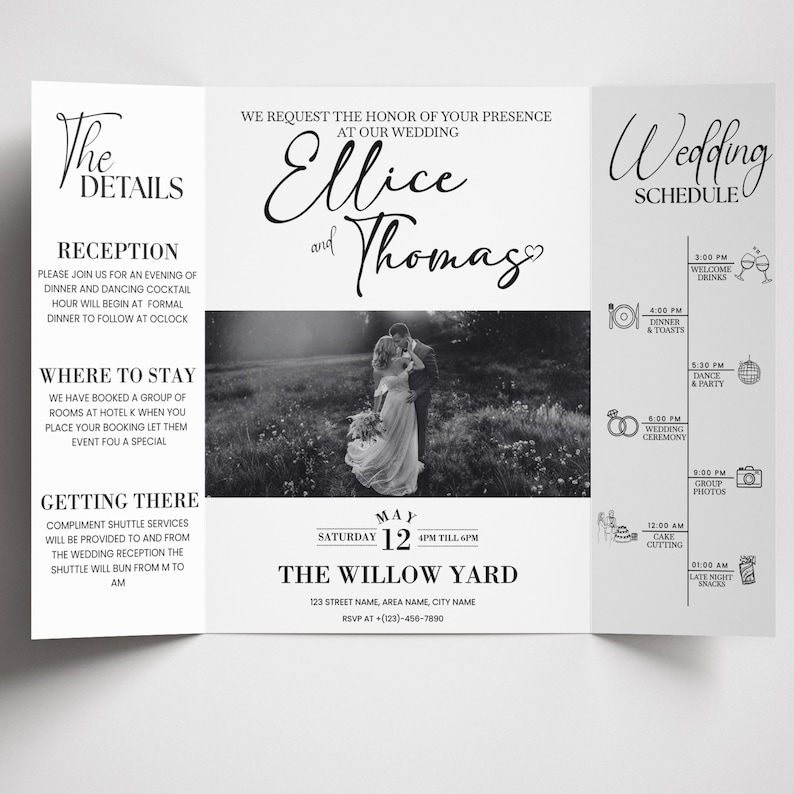 Photo Gatefold Wedding Invitation Template, Folded Wedding Trifold Invitation, Photo Booth Strip Folded Invitation, Canva Editable Template