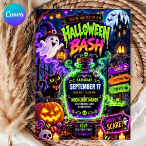 May include: A Halloween party invitation flyer featuring a ghost, a black cat, a jack-o'-lantern, and a glowing potion bottle with the text: You're Invited To A Halloween Bash, Saturday September 17, 8:00 PM - 12:00 PM, Moonlight Manor, 456 Shadow Lane, Ravenwood, RSVP 123-456-7890, Dress To Scare.