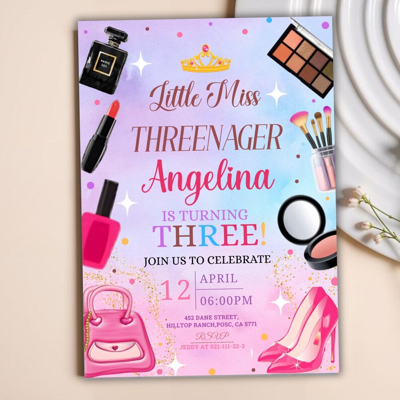Fashion & Makeup Miss Threenager Birthday Party Invitation Card Template, Digital Girls Spa 3rd Birthday Invite, Mobile Evite,Canva Editable
