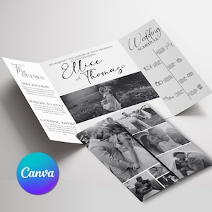 May include: A tri-fold wedding invitation with the names "Ellice and Thomas" in elegant script. The invitation includes a wedding schedule and details, along with black and white photos of the couple. The Canva logo is visible.