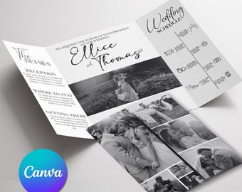 Plantilla de invitación de boda plegable con foto, invitación tríptico de boda, invitación plegable con tiras para fotomatón, plantilla editable de Canva