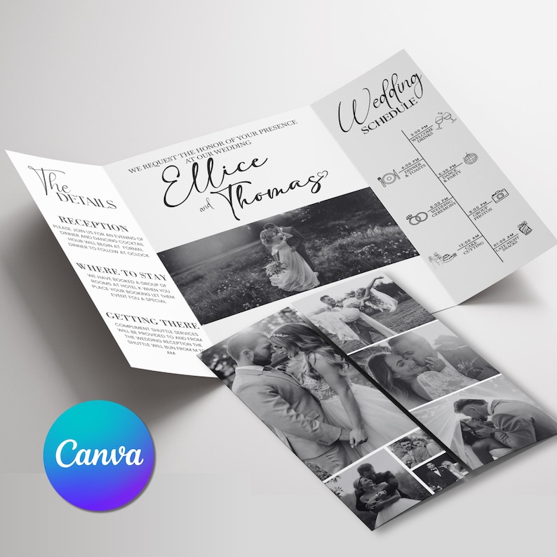 Photo Gatefold Wedding Invitation Template, Folded Wedding Trifold Invitation, Photo Booth Strip Folded Invitation, Canva Editable Template