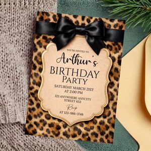 Cheetah Print Birthday Invitation, Coquette Bow Birtday, Birthday Invitations, Digital Download, Printable Invite, Canva Editable Template