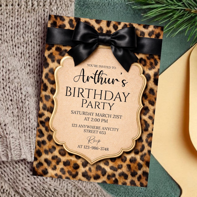 Cheetah Print Birthday Invitation, Coquette Bow Birtday, Birthday Invitations, Digital Download, Printable Invite, Canva Editable Template