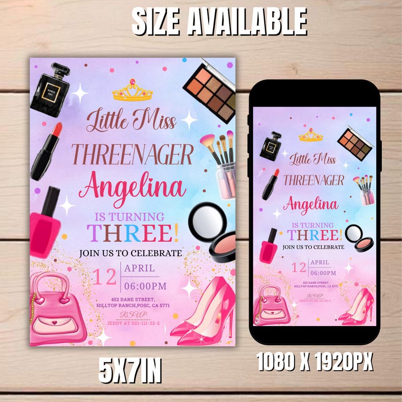 Fashion & Makeup Miss Threenager Birthday Party Invitation Card Template, Digital Girls Spa 3rd Birthday Invite, Mobile Evite,Canva Editable