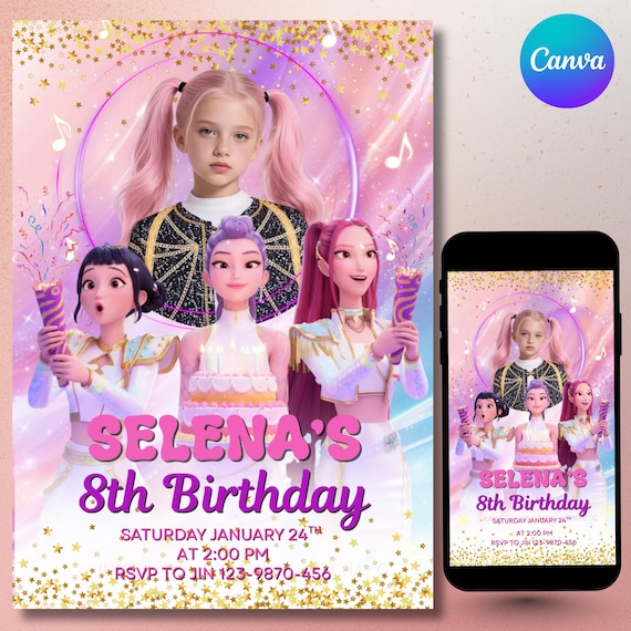 K-Pop Demon Hunters Birthday Invitation, Editable Canva Template with Photo- Rumi, Mira, Zoey- Printable Party Invite, Digital Download