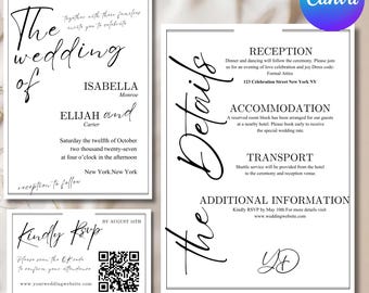 Invitación de boda de lujo, invitaciones de boda minimalistas, plantilla de invitación elegante de lujo en blanco y negro, reserva la fecha, RSVP, Canva DIY
