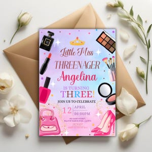 Fashion & Makeup Miss Threenager Birthday Party Invitation Card Template, Digital Girls Spa 3rd Birthday Invite, Mobile Evite,Canva Editable