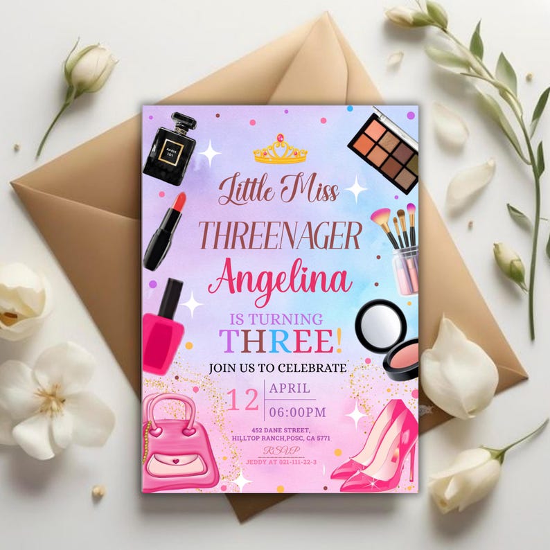 Fashion & Makeup Miss Threenager Birthday Party Invitation Card Template, Digital Girls Spa 3rd Birthday Invite, Mobile Evite,Canva Editable