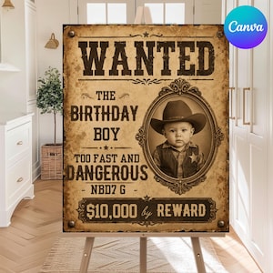 May include: A rectangular poster with a vintage paper texture featuring the text WANTED THE BIRTHDAY BOY TOO FAST AND DANGEROUS NBD7 G $10,000 REWARD. An oval frame contains a photograph of a child wearing a cowboy hat and a vest.