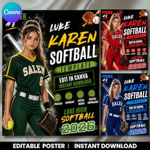 May include: A softball template design featuring a woman in a green uniform holding a ball and glove. The design includes the text "Luke Karen Softball Template" and "Edit in Canva Instant Download". The design also includes the text "Luke High Softball 2026".