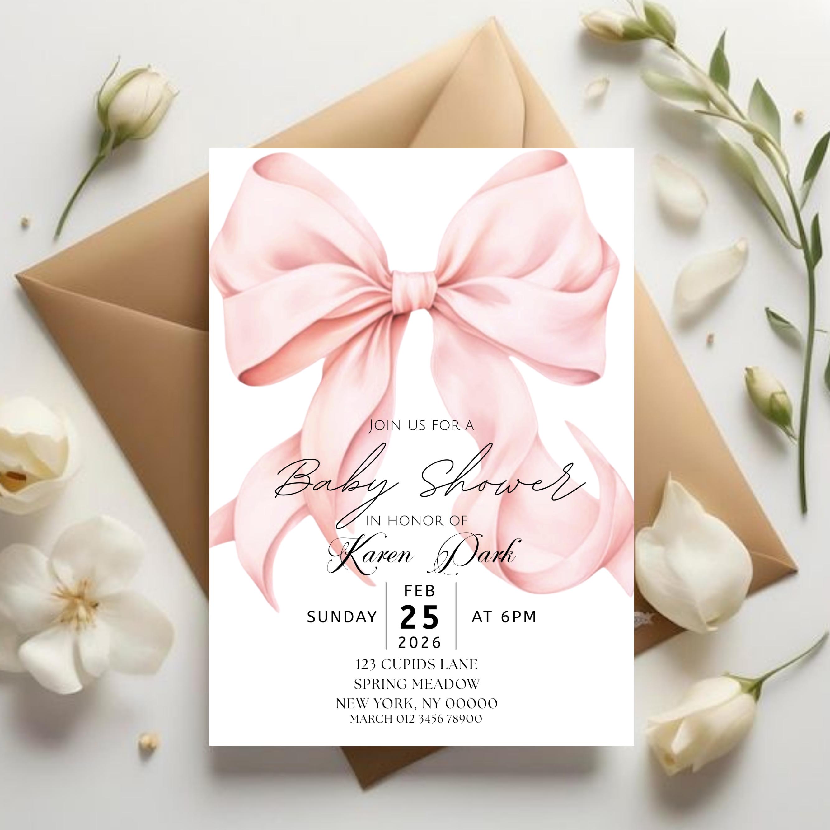 Blush Pink Bow Baby Shower Invitation Template Baby Girl Shower Canva ...