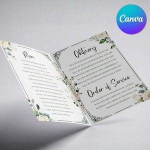 Erröten Blumen, Geometrische Beerdigung Programm Vorlage, Feiern das Leben des Beerdigung Programms, Feier des Beerdigung Programms, Canva Editable