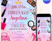 Fashion & Makeup Miss Threenager Birthday Party Invitation Card Template, Digital Girls Spa 3rd Birthday Invite, Mobile Evite,Canva Editable
