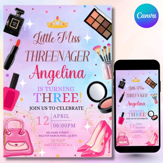 Fashion & Makeup Miss Threenager Birthday Party Invitation Card Template, Digital Girls Spa 3rd Birthday Invite, Mobile Evite,Canva Editable