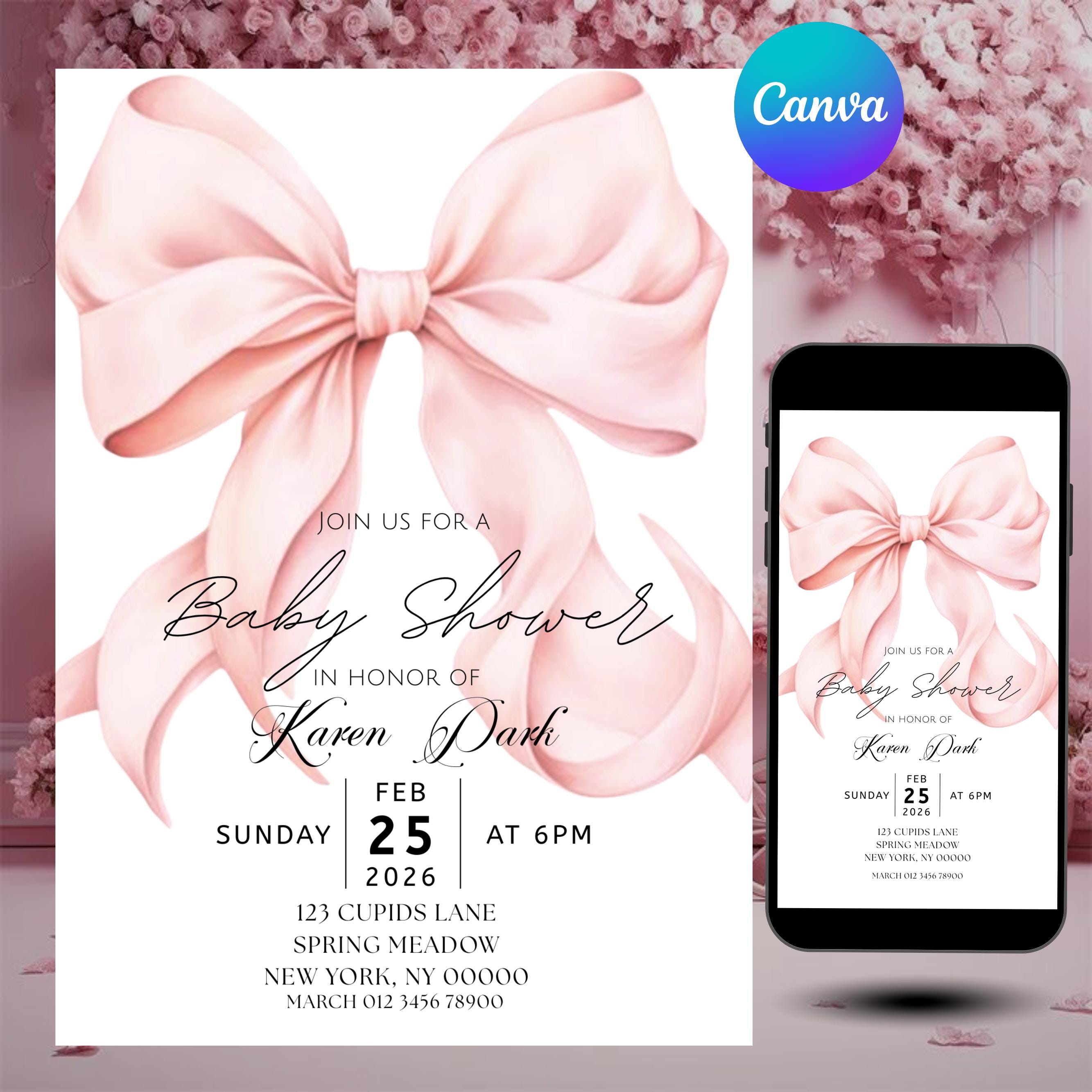 Blush Pink Bow Baby Shower Invitation Template Baby Girl Shower Canva ...