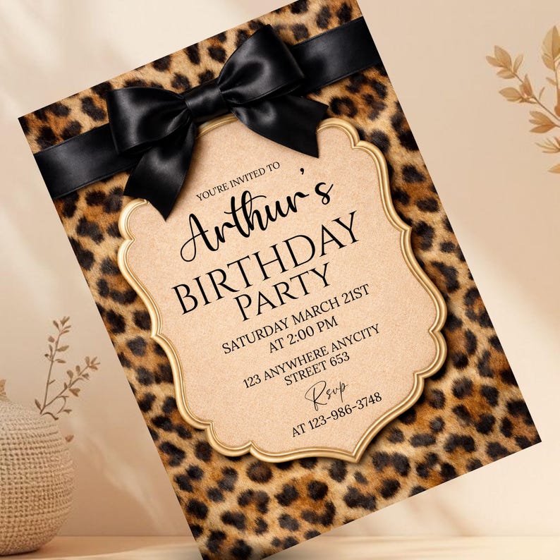 Cheetah Print Birthday Invitation, Coquette Bow Birtday, Birthday Invitations, Digital Download, Printable Invite, Canva Editable Template