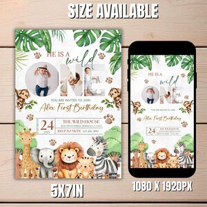 Wild One Birthday Safari Invitation, Editable Digital Download, Jungle Animals 1st Birthday Invite With Photo Printable, Text Invite, DIY