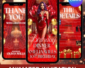 Birthday Dinner Invitation, Animated Digital Birthday Dinner Party, Digital Birthday Evite, Music, Text, Birthday Party, Canva Editable