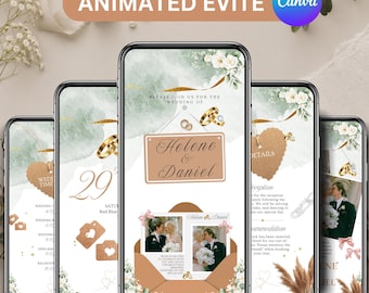Invitación digital de boda, elegante invitación animada de estilo rústico con sobre, música, confirmación de asistencia, estilo bohemio moderno, plantilla totalmente editable en Canva.