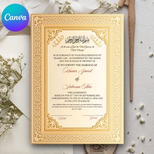 Puede incluir: Un certificado de boda con marco dorado y detalles ornamentados. El documento presenta escritura árabe en la parte superior, seguido de texto en inglés que certifica un matrimonio. Los nombres Umair Jawed y Sabeena Naz se muestran de forma destacada. La fecha es el 12 de septiembre de 2025.