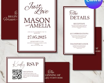 Luxury Old Money Wedding Invitation Template, Elegant Red and Cream Invitation Set, Timeless Wedding Invite, Instant Download, DIY Canva