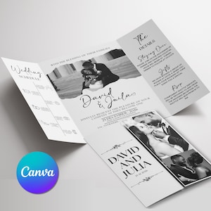 Może przedstawiać: Trójstronicowe zaproszenie ślubne ze zdjęciami pary w czerni i bieli. Zaproszenie zawiera imiona "David & Julia", datę "25 grudnia 2026" oraz szczegóły dotyczące harmonogramu wesela, prezentów i RSVP.