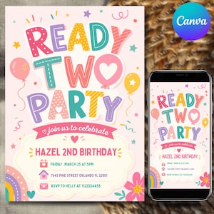 Puede incluir: Una tarjeta de invitación de cumpleaños con el texto READY TWO PARTY, Hazel 2nd Birthday, Friday March 25 at 5pm, 7645 Pine Street Orlando FL 32801, y RSVP to Helly at 1122334455. El diseño incluye globos coloridos, estrellas y un arcoíris.