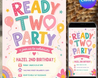 Invitación de cumpleaños para dos niñas, invitación para el segundo cumpleaños, invitación colorida para el segundo cumpleaños, descarga instantánea, plantilla editable de Canva