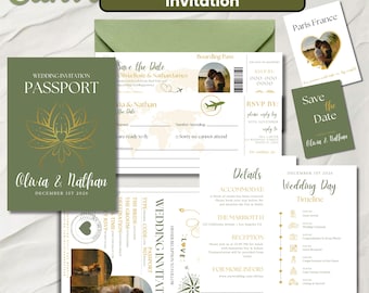 Invitación de boda de destino, invitación con forma de tarjeta de embarque, invitación de boda imprimible con forma de pasaporte, boda con temática de viajes, descarga instantánea, Canva