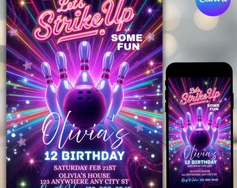 Bowling Birthday Invitation, Let's Strike Up Some Fun, Girls Bowling Birthday Party Invitation, Pink Bowling Party, Canva Editable Template
