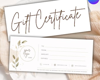 Plantilla de certificado de regalo, vale de regalo imprimible, certificado de regalo editable, tarjeta de regalo imprimible, suministros para pequeñas empresas, editable en Canva
