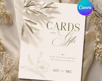 Letrero de boda con tarjetas y regalos, plantilla editable, descarga instantánea, decoración de boda de lujo para familias adineradas, letrero elegante verde oliva, editable en Canva.