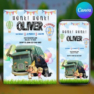 Op de afbeelding: Een verjaardagsuitnodiging met een groene vuilniswagen, een beer, een wasbeer en twee kinderen met feesthoedjes. De tekst luidt Honk! Honk! Oliver is turning 2, Saturday 22 March 2:00 PM, 4825 Oakwood Lane, Dallas, TX 75204, RSVP to John 123-546-0987.