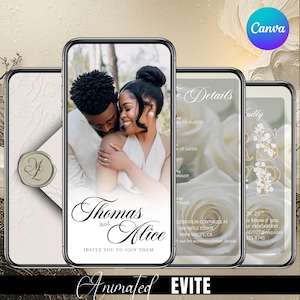 Pode incluir: Design de convite de casamento animado em smartphones. O design apresenta uma foto de um casal, detalhes florais e os nomes "Thomas and Alice". Telas adicionais exibem detalhes do evento. O logotipo Canva é visível.