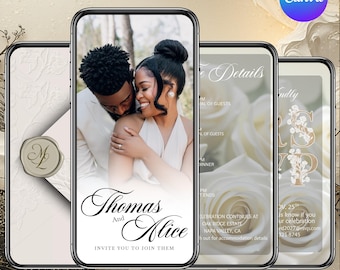 Videollamada de boda animada de E-mail. Videollamada para guardar la fecha, invitación para celebrar, invitación de boda de E-mail, invitación para casarse, editable en Canva.