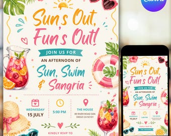 Plantilla de invitación para Sol, Natación y Sangría, Descarga digital, Plantilla editable de Canva