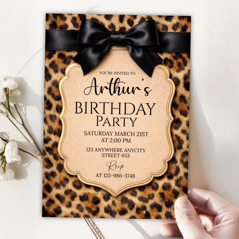 Cheetah Print Birthday Invitation, Coquette Bow Birtday, Birthday Invitations, Digital Download, Printable Invite, Canva Editable Template