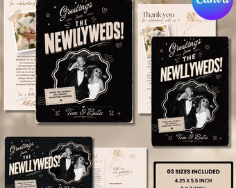 Tarjeta de agradecimiento con foto de boda editable, postal retro para recién casados, plantilla de tarjeta de agradecimiento vintage, imprimible en Canva, 6x4, 5x7, 4.25x5.5 y EE. UU.