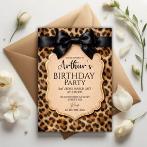 Cheetah Print Birthday Invitation, Coquette Bow Birtday, Birthday Invitations, Digital Download, Printable Invite, Canva Editable Template